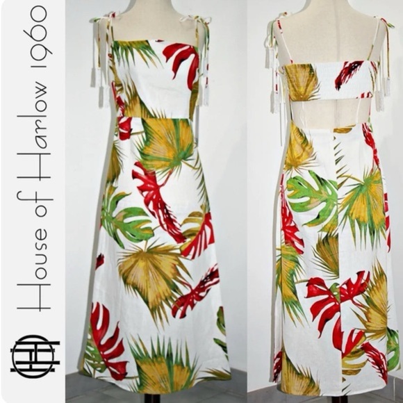 House of Harlow 1960 Tropical Linen Sundress Sun‎ dress Midi Size L Leaf Beaded - Picture 3 of 11